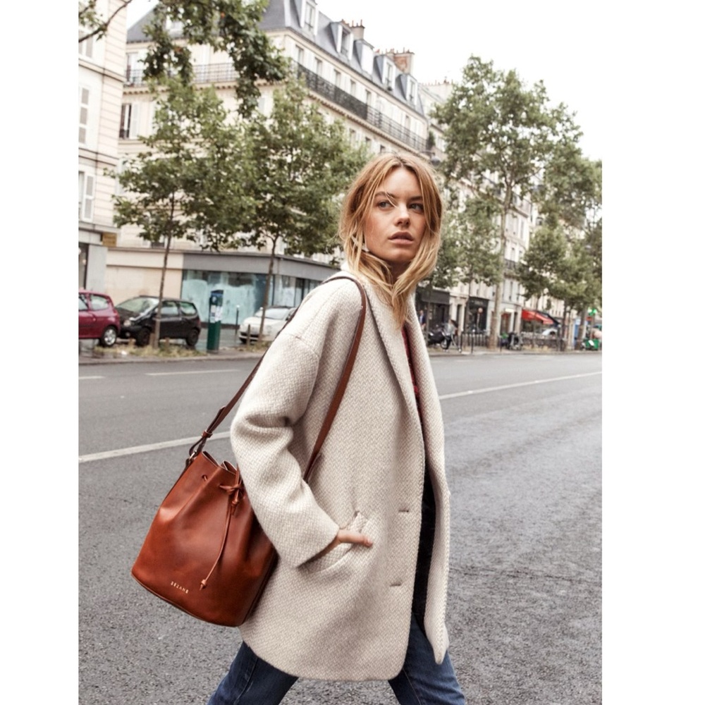 Sezane Paris Wool Bow Coat Rafters Taupe Ecru